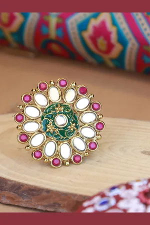 I Jewels Gold-Toned & Green Kundan-Studded Gold-Plated Adjustable Finger Ring