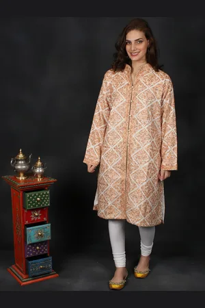Exotic India Women Wool Kashmiri Longline Jacket with Aari-Embroidered Flowers