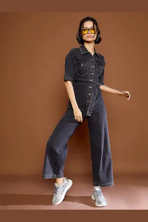 Sassafras Women Washed Denim Short Sleeve Jumpsuit