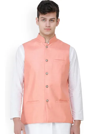 Exotic India Muted Clay Casual Waistcoat with Zero Checks in Weave and Front Pockets