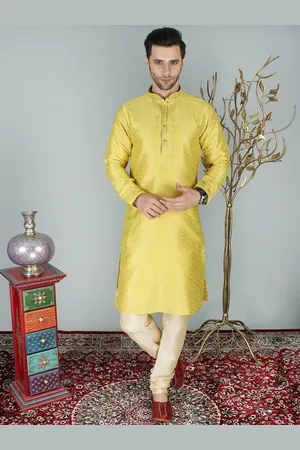 Exotic India Brocaded Yellow Kurta Pajama Set with Floral Motif All-Over