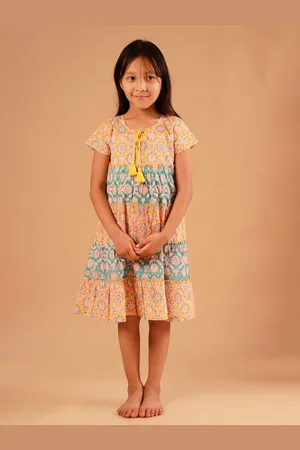 Sangria Girls Printed Tie-Up Neck Short Sleeves Cotton Tiered Empire Dress