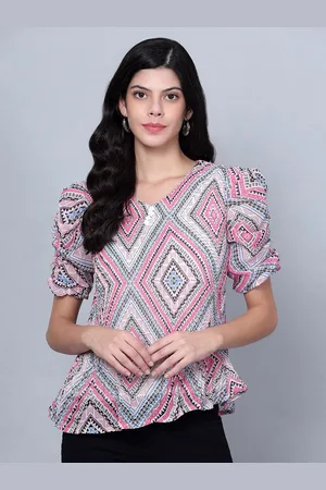 Moda Rapido Geometric Print Puff Sleeve Georgette Wrap Top