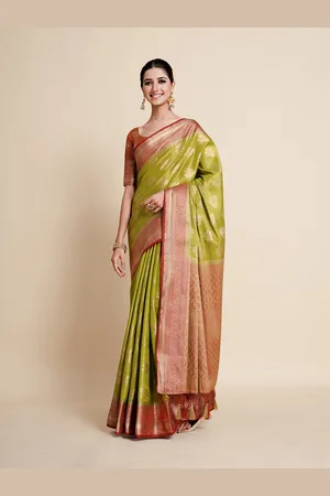 Mimosa Olive Green & Red Woven Design Zari Art Silk Kanjeevaram Saree