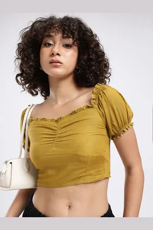 DressBerry Cool Chic Sweetheart Neck Puff Sleeve Gathers Smocked Crop Top