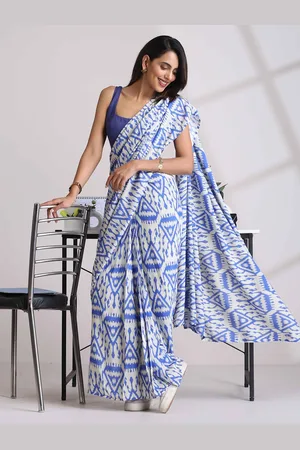 trueBrowns Blue Muslin Ikat Saree