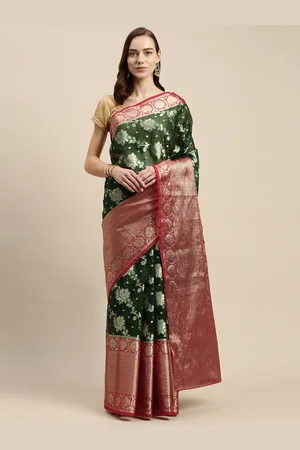 swatika Green & Gold Ethnic Motifs Zari Handloom Organza Banarasi Saree
