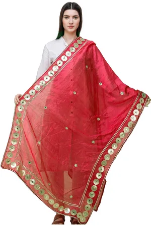 Exotic India Bright Rose Art Silk Dupatta and Embellished with Patch Border