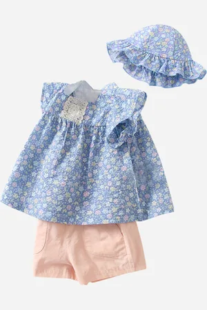 Stylecast Girls Blue Floral Printed Pure Cotton Top With Shorts & Cap
