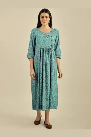 Exotic India Hand-Block Printed Cotton A-Line Midi Dress