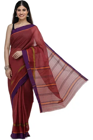 Exotic India Ruby Wine Pure Cotton Venkatagiri Saree with Woven Border and Pin-stripes