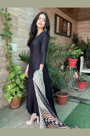 Janasya Round Neck Three Quarter Anarkali Kurta with Dupatta
