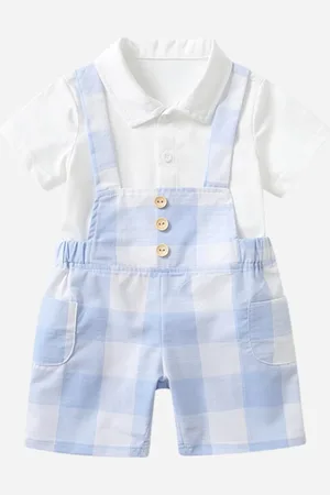 Stylecast Girls Blue Checked Pure Cotton Dungaree With Shirt