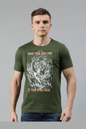 SPYKAR Men Olive Green Printed Round Neck Pure Cotton T-shirt