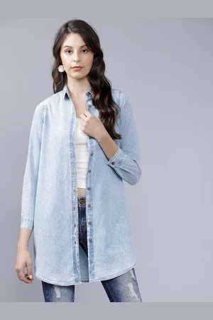Tokyo Talkies Women Blue Denim Longline Casual Shirt