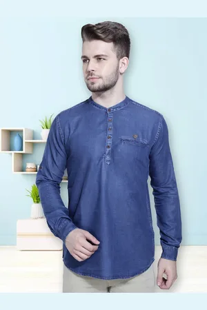 Kuons Avenue Band Collar Denim Straight Kurta