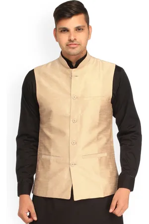 Exotic India Art Silk Mellow Buff Plain Wedding Waistcoat with Front Pockets