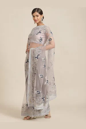 Kalista Grey Embroidered Floral Net Saree
