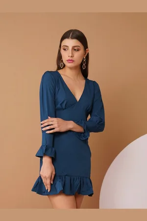 Chemistry V-Neck Bell Sleeves Crepe Drop-Waist Mini Dress