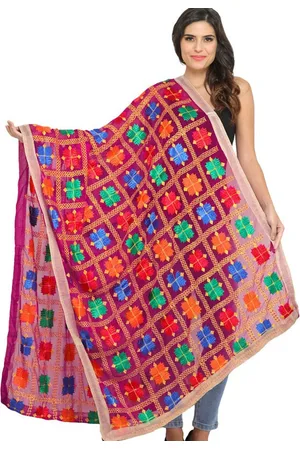 Exotic India Magenta Pink Phulkari Chiffon Dupatta with Embroidery All-Over