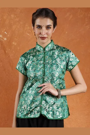 Exotic India Women Floral Cheongsam Jacket with Woven Flowers