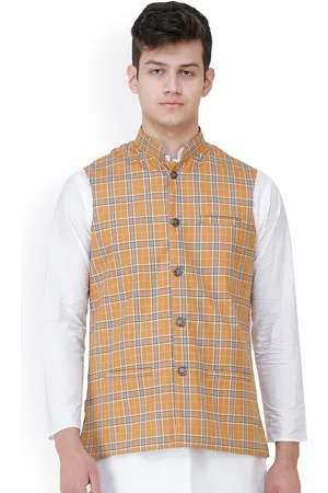 Exotic India Double Check Pattern Nehru Jacket with Front Pockets