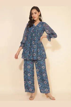 Janasya Floral Printed V-Neck Puff Sleeves Tunic With Trousers