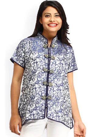 Exotic India Woven Flowers Cheongsam Silver and Blue Jacket