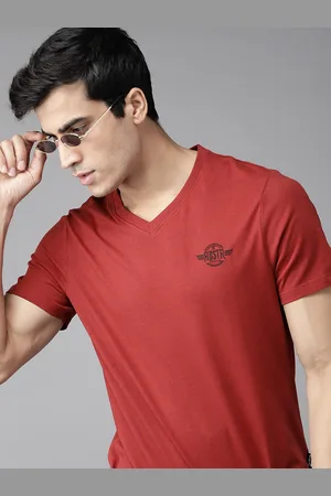 Roadster Men Rust Red Solid Pure Cotton V-Neck T-shirt