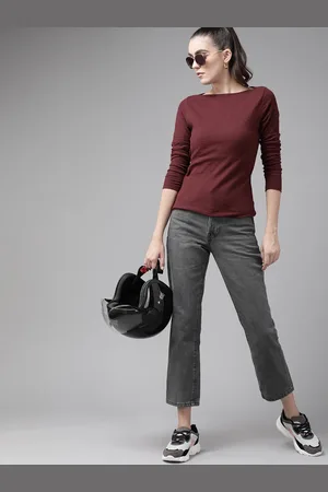 Roadster Maroon Boat Neck Self-Striped Top