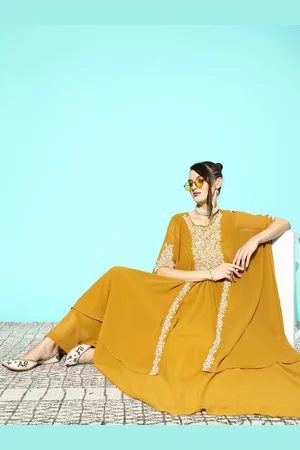 Kvsfab Floral Embroidered Kimono Sleeve Georgette Fit & Flare Maxi Ethnic Dress