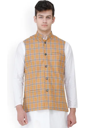 Exotic India Double Checked Woven Nehru Jacket with Front Pockets