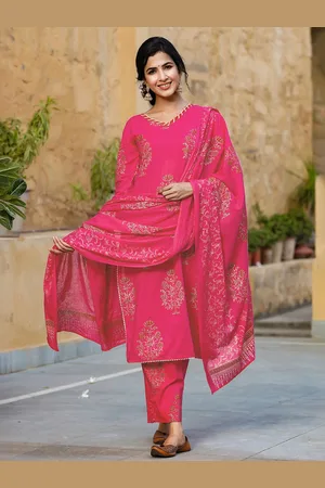 Ahika Floral Printed V Neck Pure Cotton Kurta With Trousers & Dupatta