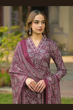 Ahika Burgundy Floral Printed Pleated A-Line Kurta With Trousers & Dupatta