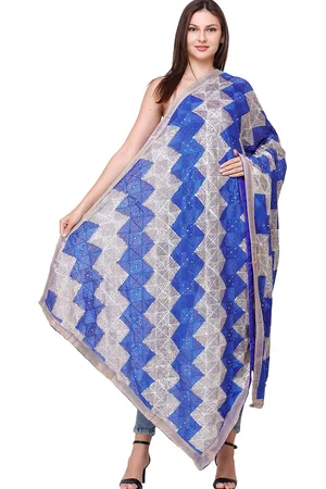 Exotic India Ultramarineblue Phulkari Art Silk Dupatta with Sequins and Gota Border