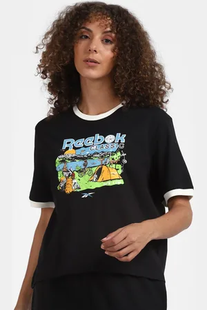 Reebok Women Black Typography Printed T-shirt