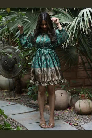 Exotic India Floral Printed Pure Silk Vintage Vaccay Blouson Dress