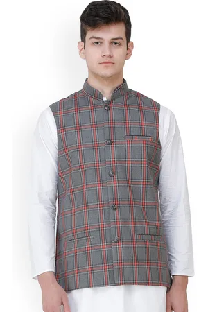 Exotic India Excalibur Double Check Pattern Nehru Jacket with Front Pockets