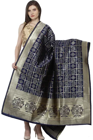 Exotic India Deep Blue Zari Woven Bandhani Gharchola Silk Dupatta with Brocaded Border