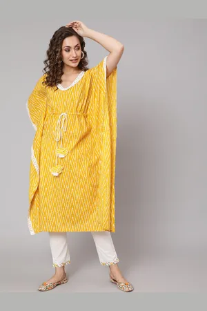 Antaran Women Yellow & White Chevron Flared Sleeves Cotton Kaftan Kurta