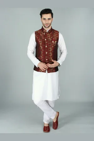 Exotic India Rhubarb Asymmetric Jacquard Silk Modi Jacket Waist Coat with Mukaish Work