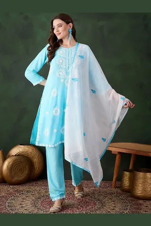 MANVAA Floral Embroidered Straight Thread Work Kurta With Trousers And Dupatta