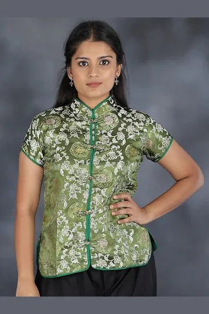 Exotic India Twist Of Lime Brocaded Cheongsam Silk Jacket with Brocade Weave