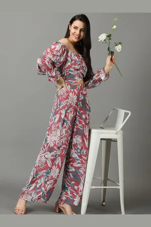 SHOWOFF Printed Off-Shoulder Long Sleeves Top & Palazzos Co-Ords