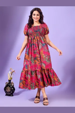 DEKLOOK Women Floral Printed Puff Sleeves Cotton Fit & Flare Midi Dress