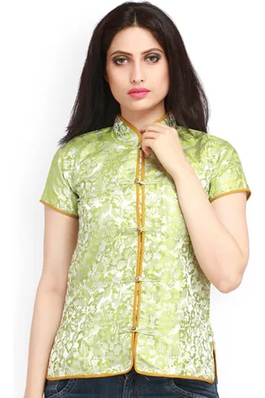 Exotic India Green Glow Cheongsam Jacket with Woven Flowers