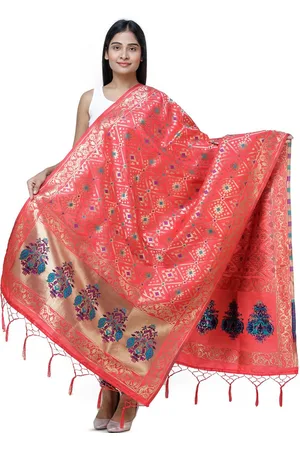 Exotic India Bittersweet Brocade Art Silk Dupatta with Birds and Geometric Motifs