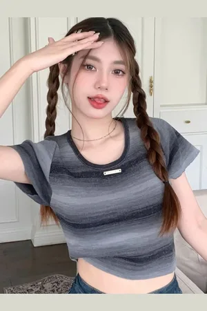 HERE&NOW Womens Cotton Round Neck Short Sleeves Horizontal Striped Top