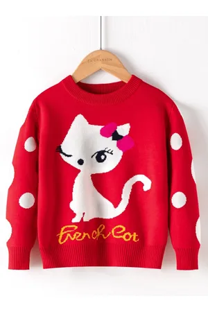 Stylecast Girls Red & White Graphic Printed Round Neck Pullover Sweater