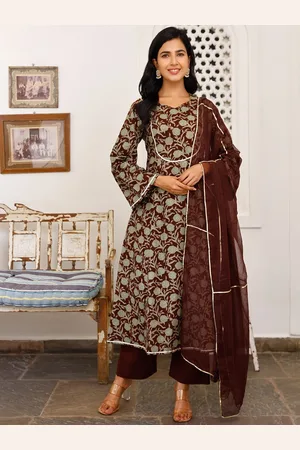Ambraee Women Burgundy & Olive Green Printed A-Line Kurta with Palazzos & With Dupatta
